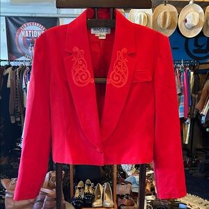 Vintage Red Cropped Embroidered Wool Blazer